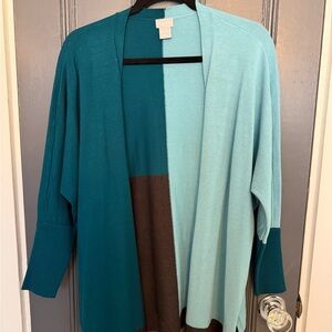 Chico's Teal, Aqua & Brown Colorblock Open Cardigan